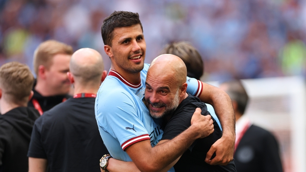 Rodri and Pep Guardiola were able to celebrate the second step in their treble bid at Wembley