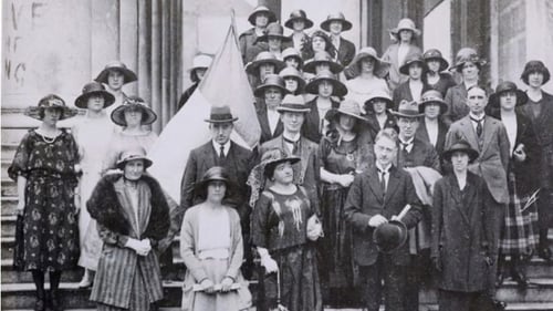 Pro-Treaty Members of the Cumann na mBan on the steps of the Cork Courthouse in 1923 with William T Cosgrove, President of the Executive Council of the Irish Free State