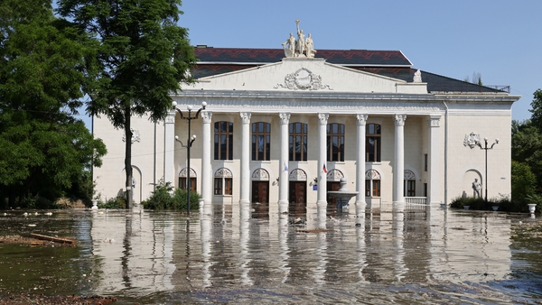 The House of Culture on a flooded street in Nova Kakhovka after the dam was breached