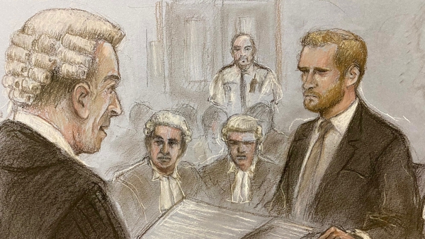 Court artist sketch by Elizabeth Cook of Britain's Prince Harry being cross examined by Andrew Green