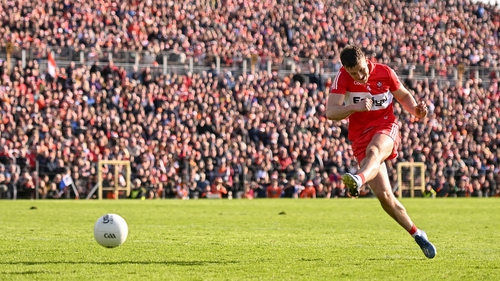 Derry's Shane McGuigan scoring in the Ulster SFC final penalty shootout
