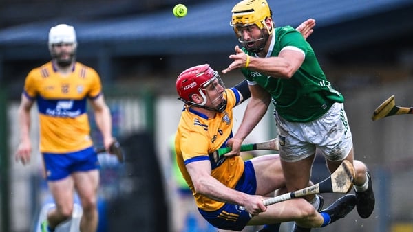 Tom Morrissey of Limerick is tackled by Clare's John Conlon during the Munster round-robin meeting in April