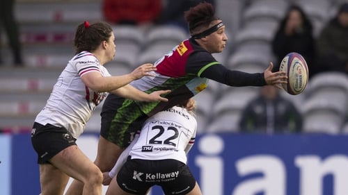 Shaunagh Brown, centre, in action for Harlequins against Bristol Bears