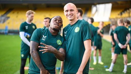 Michael Obafemi (L) and Will Smallbone during training at the OPAP Arena in Athens