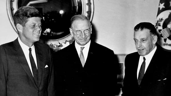 US President John F Kennedy with President Eamon de Valera and Taoiseach Sean Lemass at Áras an Uachtaráin in June 1963