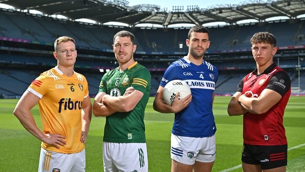 In attendance during the Tailteann Cup semi-final media event at Croke Park are, from left, Peter Healy of Antrim, Padraic Harnan of Meath, Robert Pigott of Laois and Pierce Laverty of Down