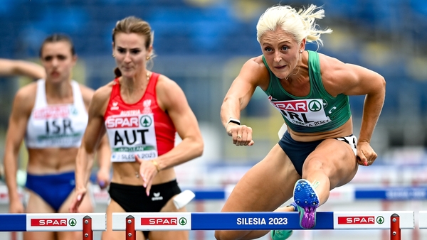 Sarah Lavin clears a hurdle in Krakow last Wednesday