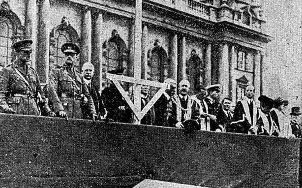 Scene outside Belfast City Hall on the 2 of July 1923, when citizens paid homage to the memory of men of the Ulster Division who died during the battle of the Somme. Lord Mayor of Belfast pictured centre. Photo: Belfast Newsletter, 3 July 1923