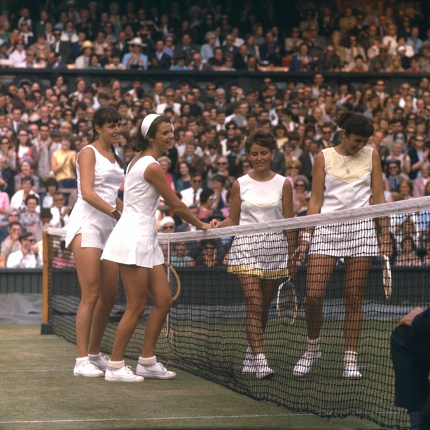 Kathy Harter (USA) and Kathy Blake (USA) congratulate Lesley Turner (Australia) and Judy Tegart (Australia) after a doubles match at Wimbledon 1967 (PA)