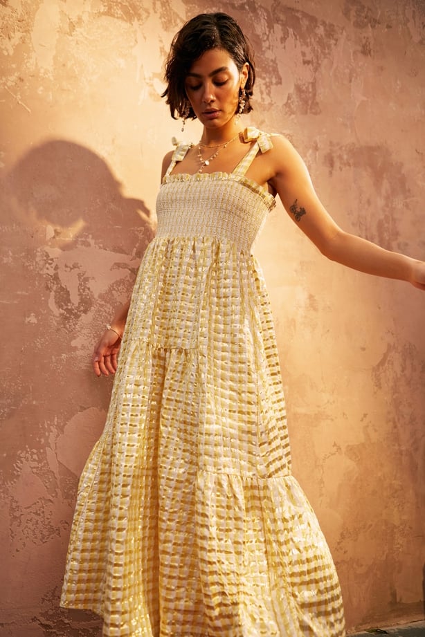 Oliver Bonas Gold & Yellow Striped Midi Dress
