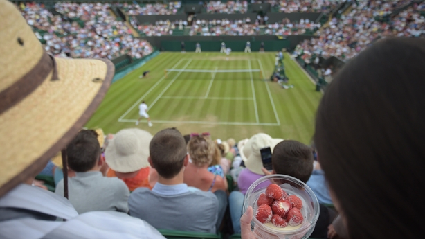 A spectator eats strawberries and cream as she watches Spain's David Ferrer play against Russia's Andrey Kuznetsov