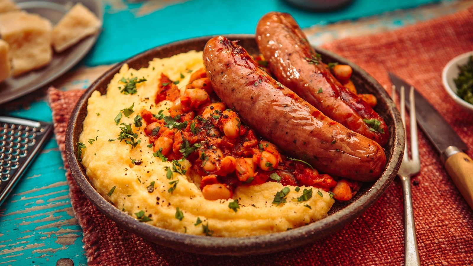 Nico's grilled sausage with cheesy polenta & beans