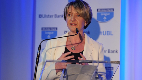 Maeve McMahon speaking at the Ulster Bank League awards in 2016