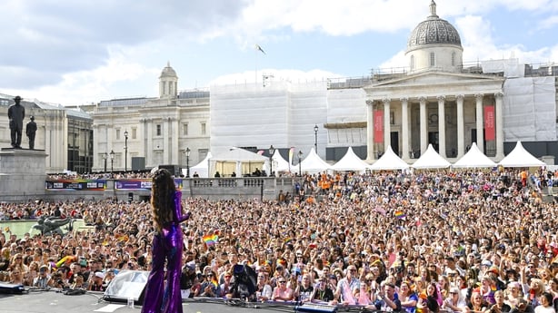 Idina Menzel performs on the Trafalgar Square Stage on July 01, 2023 in London, England. Pride