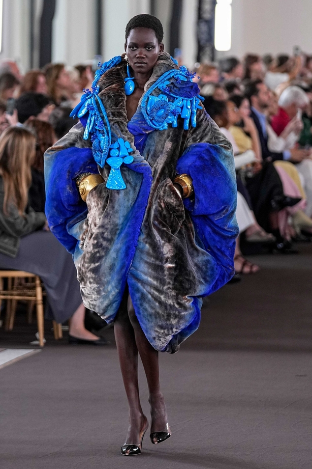 A model wears a creation for the Schiaparelli Haute Couture Fall/Winter 2023-2024 fashion collection