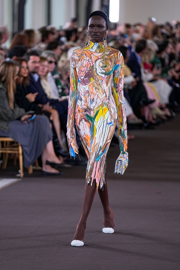 A model wears a creation for the Schiaparelli Haute Couture Fall/Winter 2023-2024 fashion collection