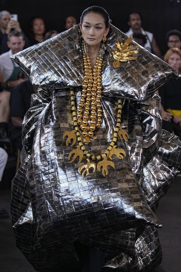 A model wears a creation for the Schiaparelli Haute Couture Fall/Winter 2023-2024 fashion collection