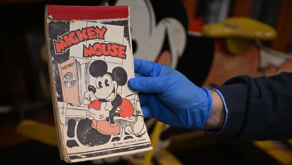 An early Mickey Mouse notepad which is displayed as part of Walt Disney Archives, at the Disney Studio lot, in Burbank, California