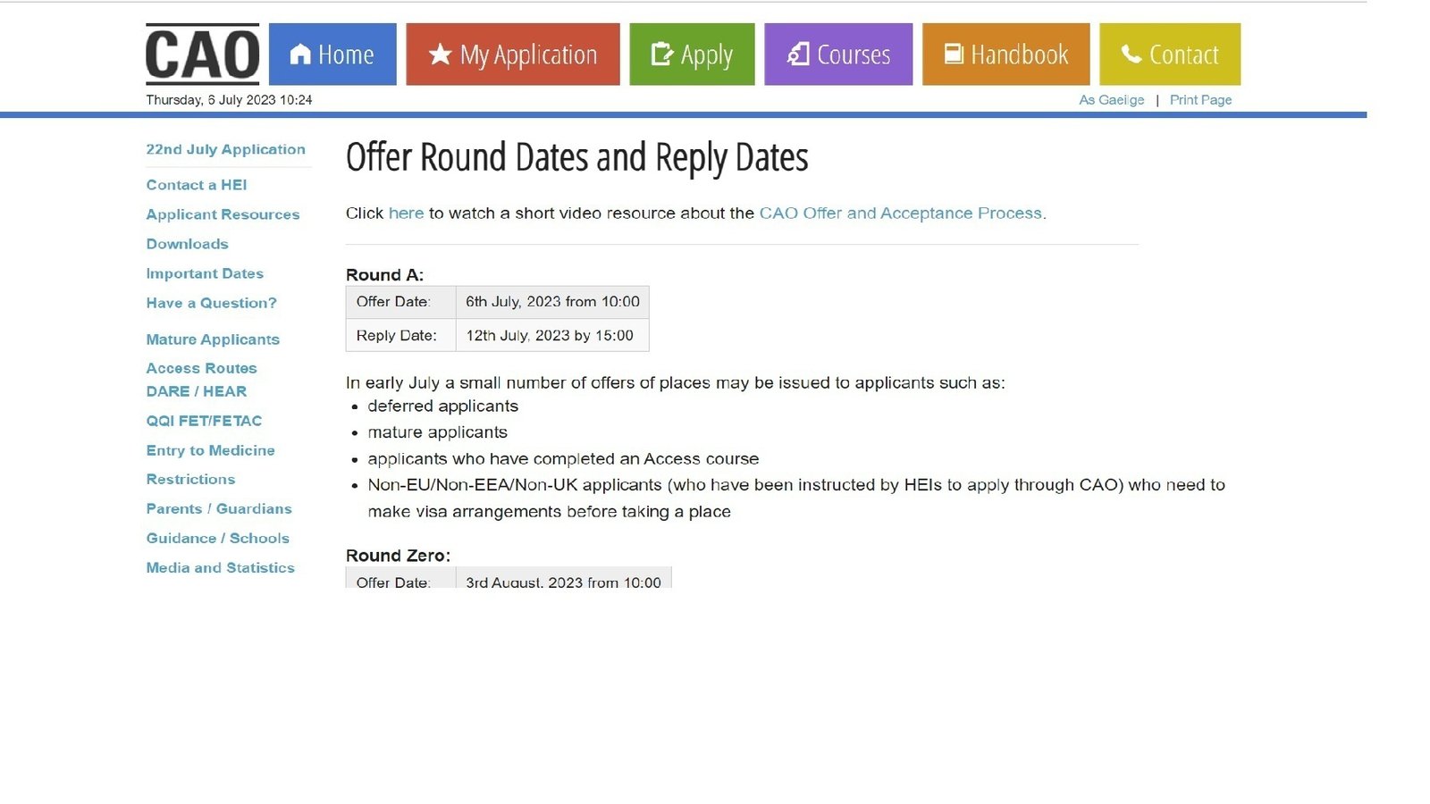 CAO Round A offers and more key dates