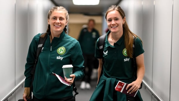 Sinead Farrelly and Heather Payne on their way to Australia with the Republic of Ireland team for the FIFA Women's World Cup 2023. Photo: Stephen McCarthy/Sportsfile via Getty Images