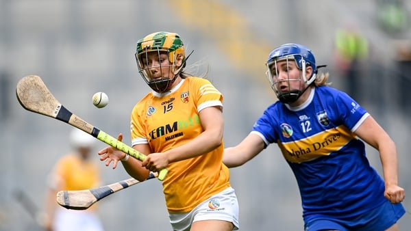 Áine Magill of Antrim in action against Eimear McGrath of Tipperary during the All-Ireland Senior Camogie Championship quarter-final match between Tipperary and Antrim at Croke Park