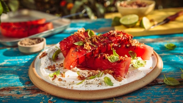 Creamy basil goats cheese is a perfect complement to this grilled watermelon.