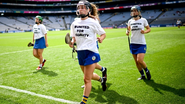 The Antrim and Tipperary camogie teams wearing 'United for Equality' T-shirts before their All-Ireland Senior Camogie Championship quarter-final match last weekend