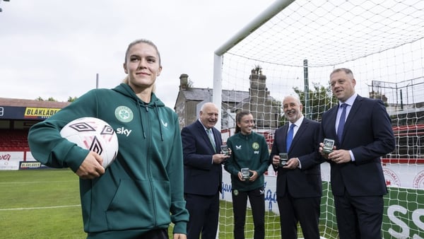 Ireland international player Jamie Finn, FAI President Gerry McAnaney, Ireland international Abbie Larkin, Central Bank Governor Gabriel Makhlouf, Minister for Sport and Physical Education, Thomas Byrne launch the new Central Bank coin