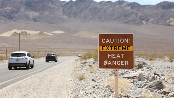 A heat advisory sign during a heat wave in Death Valley National Park, California, on 16 July 2023