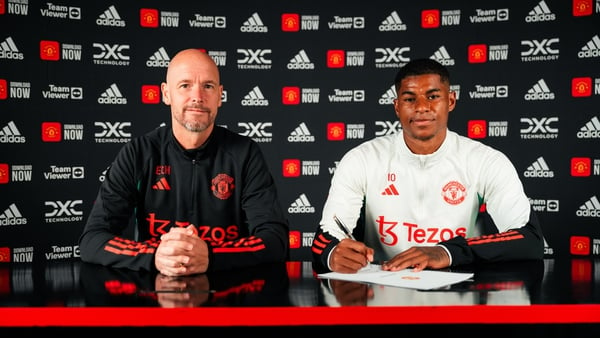 Marcus Rashford (R) with Manchester United manager Erik ten Hag after signing a new contract extension