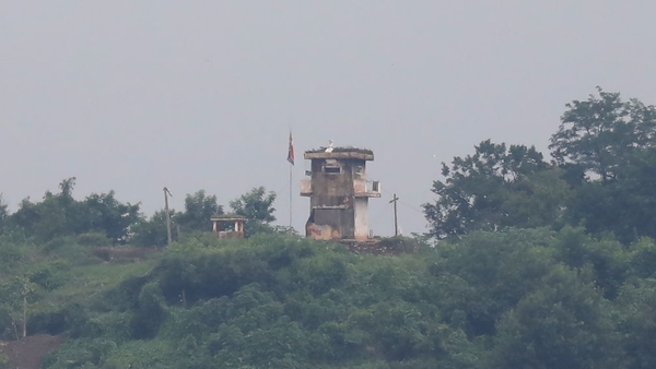 A North Korean guard post seen from South Korea near the demilitarised zone in Paju
