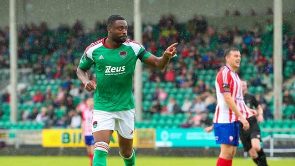 Cork City's Tunde Owolabi celebrates after scoring his side's second goal
