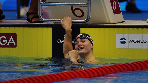 Mona McSharry clenches her fist in celebration after setting a new Irish record in the heats of the 100m breaststroke