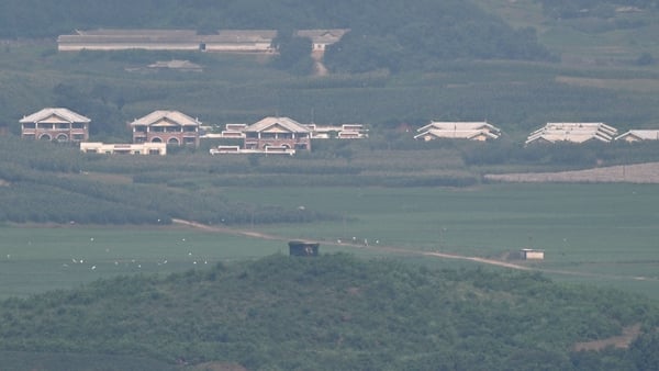 A village and a military guard post on the North Korean side of the DMZ, are seen from South Korea's Odusan Unification Observatory in Paju