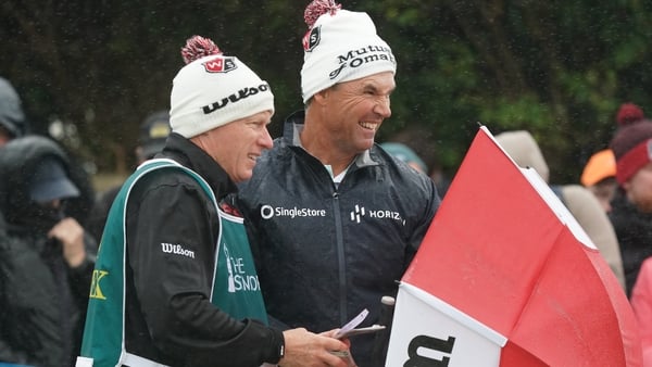 Padraig Harrington grimaces in inclement conditions at Royal Porthcawl