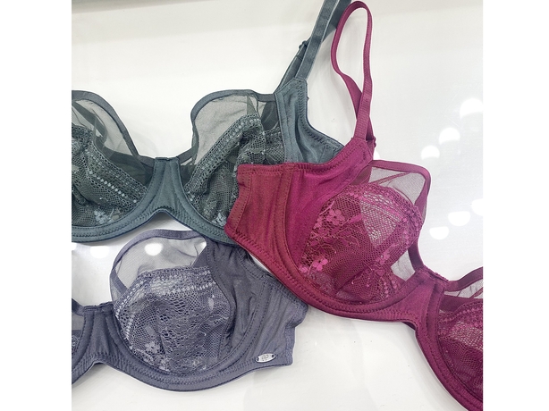 Three lacy bras in different shades