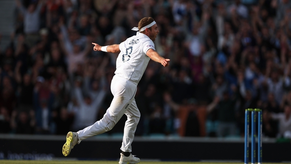 Stuart Broad of England celebrates the wicket of Alex Carey