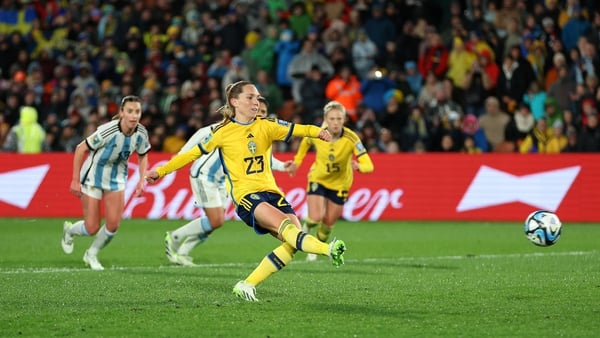 Elin Rubensson scores her team's second goal from the penalty spot