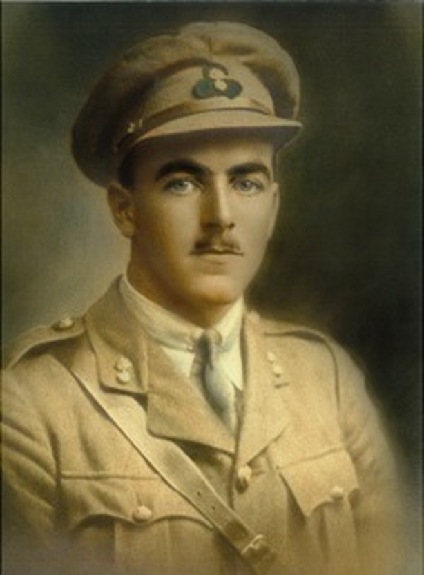 Edward Foran full portrait. Colour pic of young man in WWI uniform
