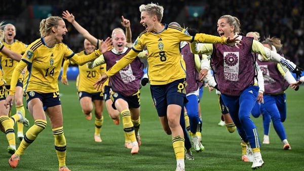Lina Hurtig celebrates after her penalty was confirmed to have crossed the line
