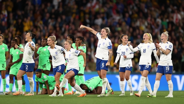 England players about to celebrate their penalty shootout win over Nigeria