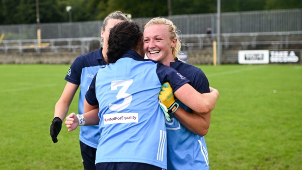 Carla Rowe embracing Leah Caffrey after Dublin's quarter-final trouncing of Donegal in July