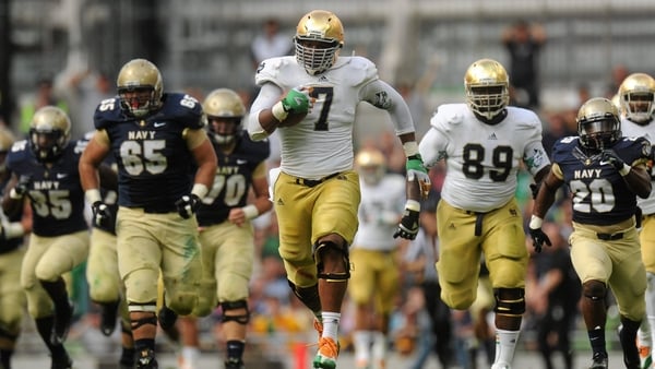 TJ Jones of Notre Dame with the ball during 2012's NCAA Emerald Isle Classic against Navy at the Aviva Stadium