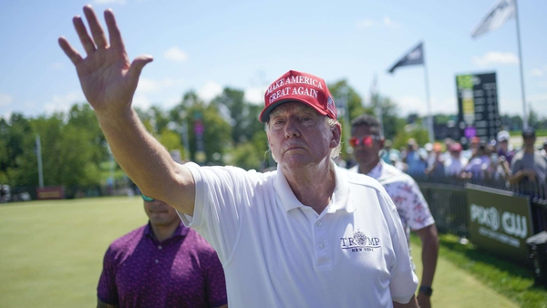 Donald Trump waves to supporters at the Bedminster Invitational LIV Golf tournament in Bedminster, New Jersey. Photo: AP Photo/Seth Wenig