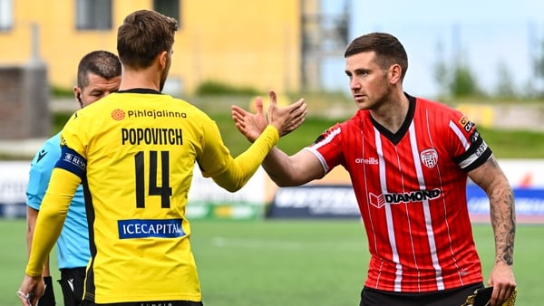 Patrick McEleney of Derry City and Anton Popovitch of KuPS shake hands before their second round clash