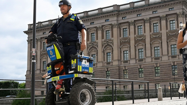 A police officer on patrol at Sweden's parliament