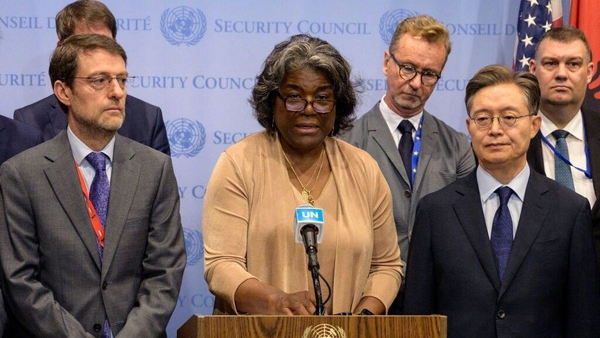 US Ambassador to the UN Linda Thomas-Greenfield speaking to the media after the meeting