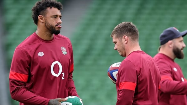 Courtney Lawes (l) and Owen Farrell at England training on Friday