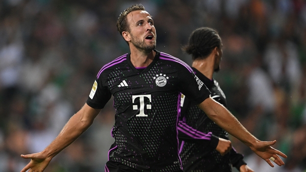Harry Kane celebrates his first Bayern Munich goal