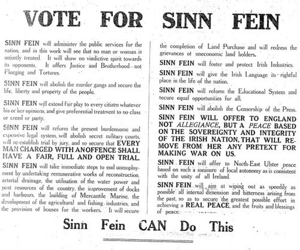 A Sinn Fein election advert from August 1923. The Labour Party envisages that the new Dáil will see a political realignment around different issues. Photo: Irish Independent, 25 August 1923